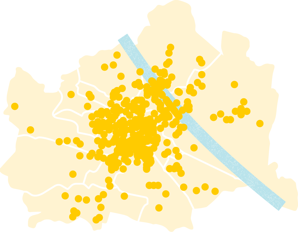Gelbe Karte von Wien zeigt alle, als gelbe Punkte gekennzeichnete, kostenfreie Zugängen zu WLAN im öffentlichen Raum. Eine besonders hohe Dichte zeigt sich in den Innenbezirken von Wien.